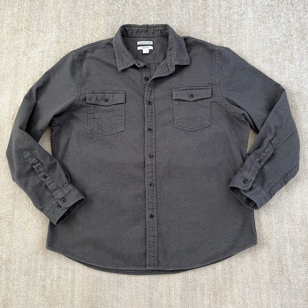 Amazon Essentials Slim Fit Cotton Flannel Long Sleeve Button Up Gray Shirt XL